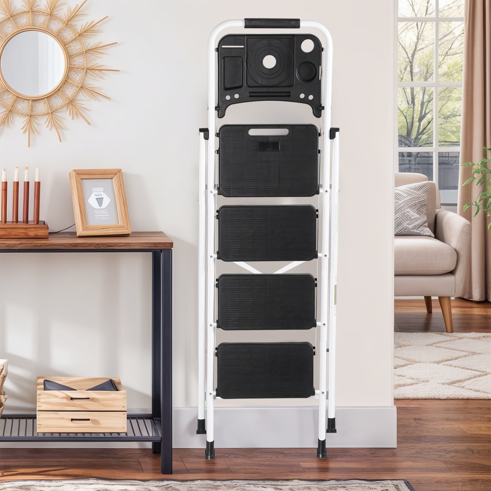 4 Step Ladder with Tool Platform Folding Step Stool with Anti-Slip Pedal White