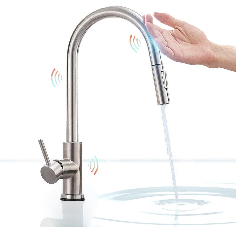 Automatic Touch Sensor Kitchen Faucet Sink Pull Out Sprayer Brushed Nickel Tap