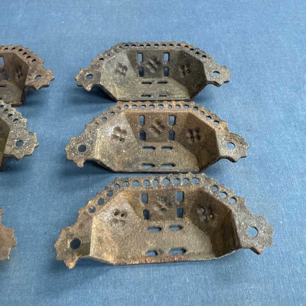 6 Antique Victorian Eastlake Pierced Cast Iron Bin Drawer Pulls Cup Drawer Pulls