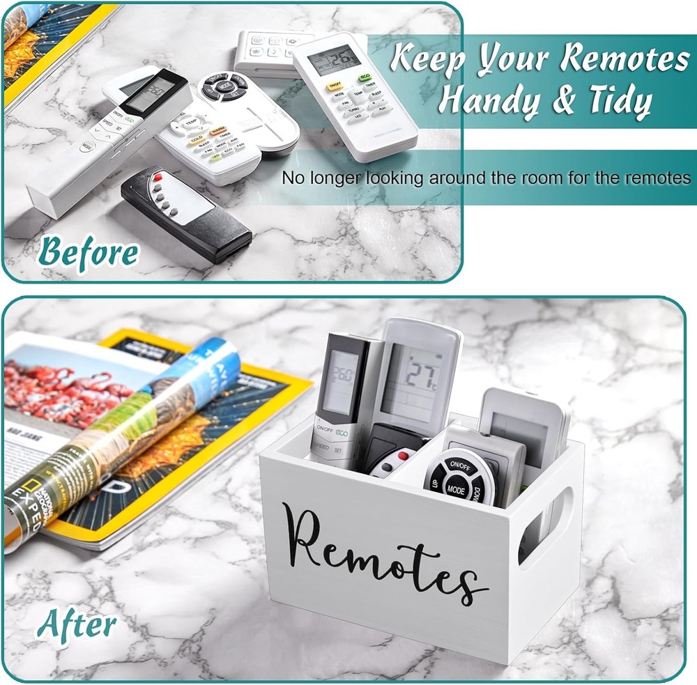 DRASTAR Rustic White Remote Caddy, 2-Compartment TV 2 Slots,