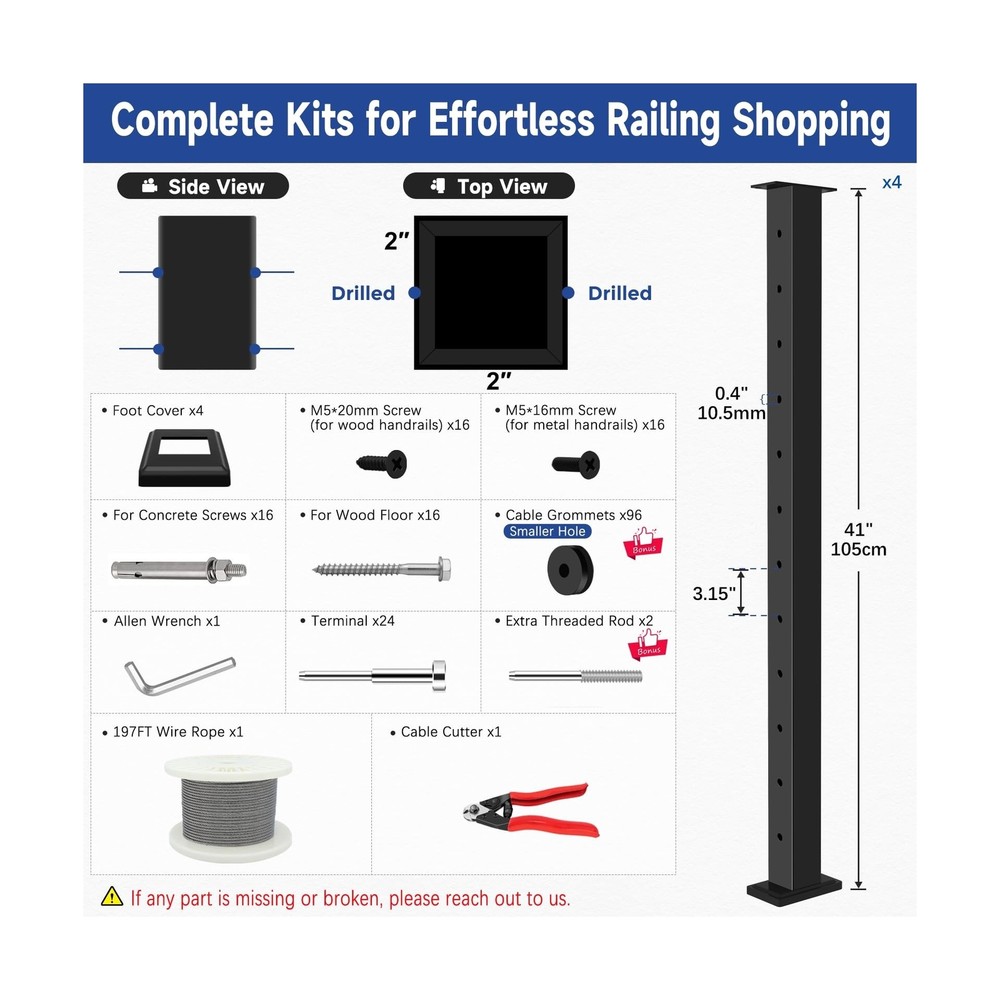 42" One-Stop Cable Railing Post Kits, 4 Pack Fixed Top Level Drilled Line Pos...