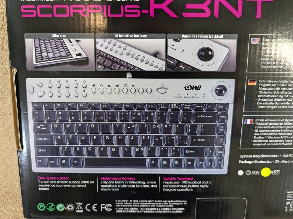 iONE SCORPIUS-K3NT Multimedia Trackball Keyboard Wired USB Interface K3NT-U