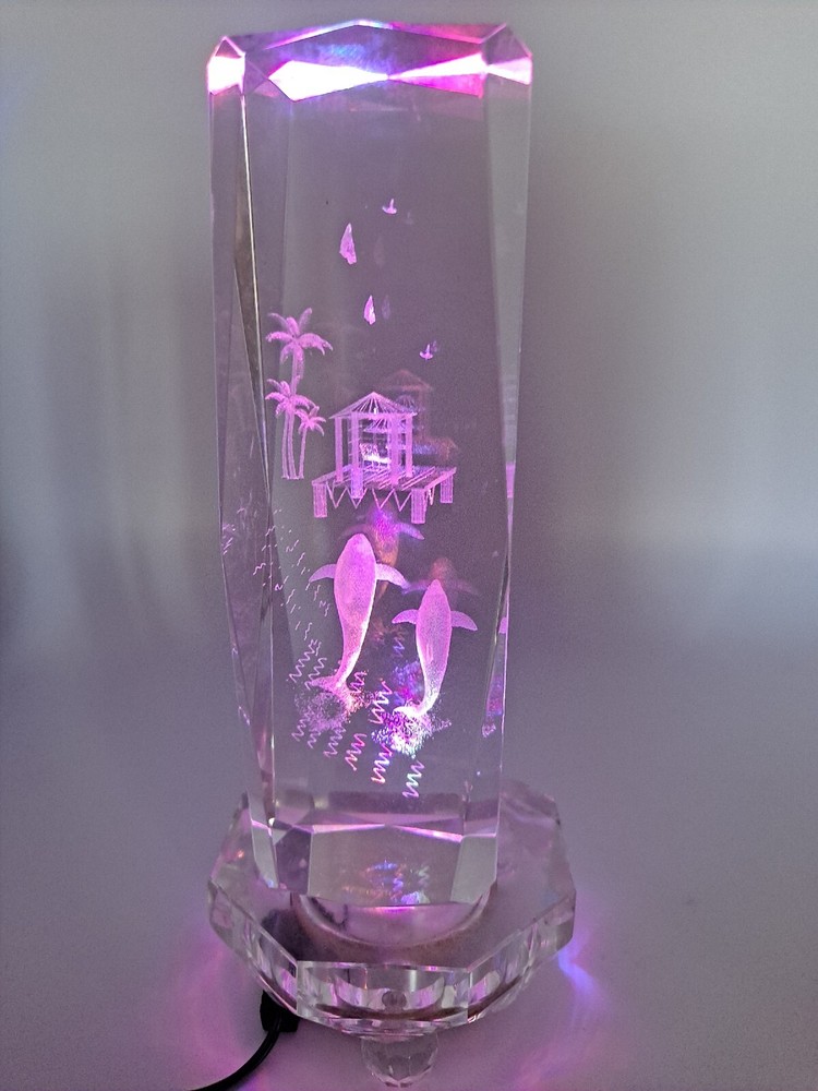 Crystal 3D Laser Etched Dolphins With Lighted Base
