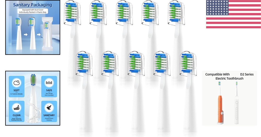 10-Pack Bitvae D2 Electric Toothbrush Replacement Heads - White & Sanitary Pack
