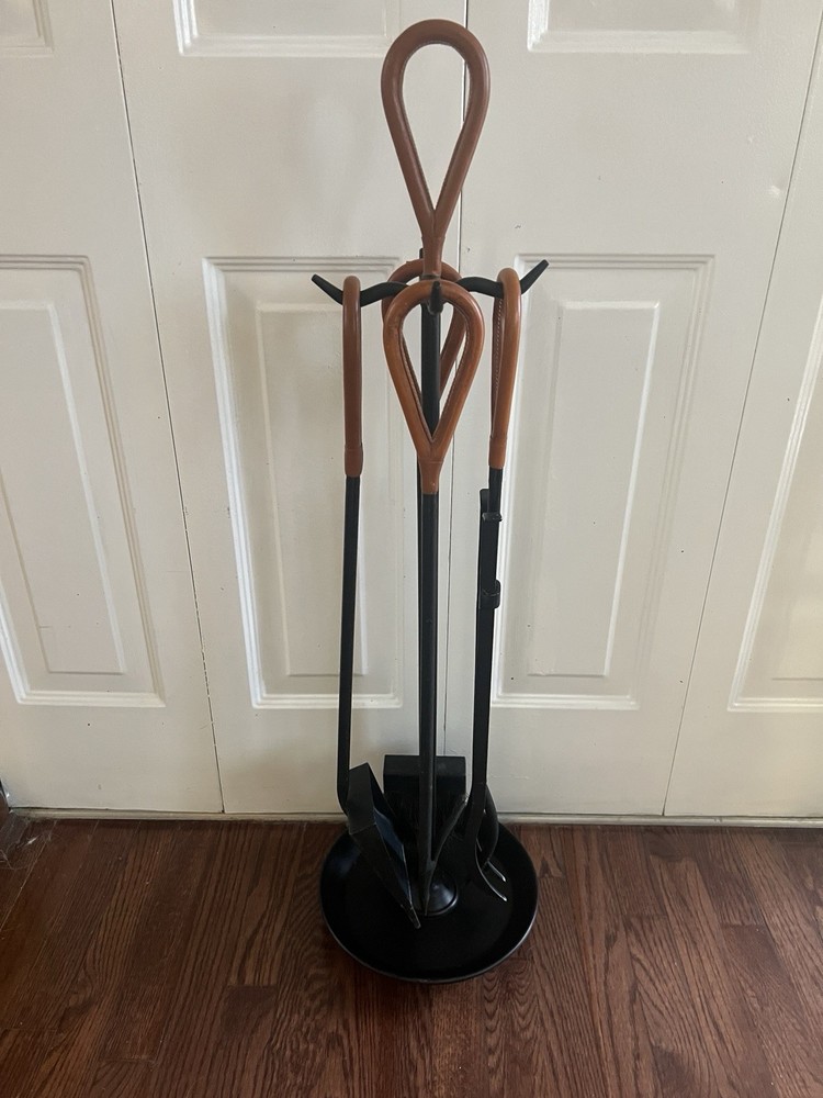 Jacques Adnet Style Leather and Iron Fireplace Set