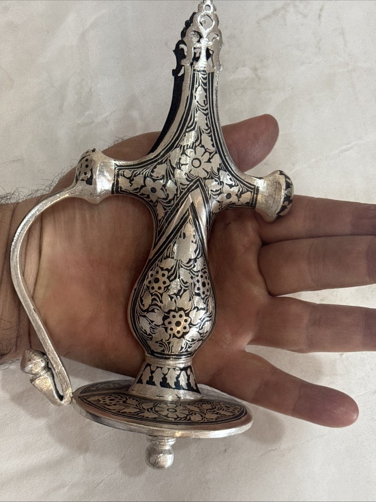 Hand Crafted Mughal Silver inlaid Iron Sword Talwar Handle