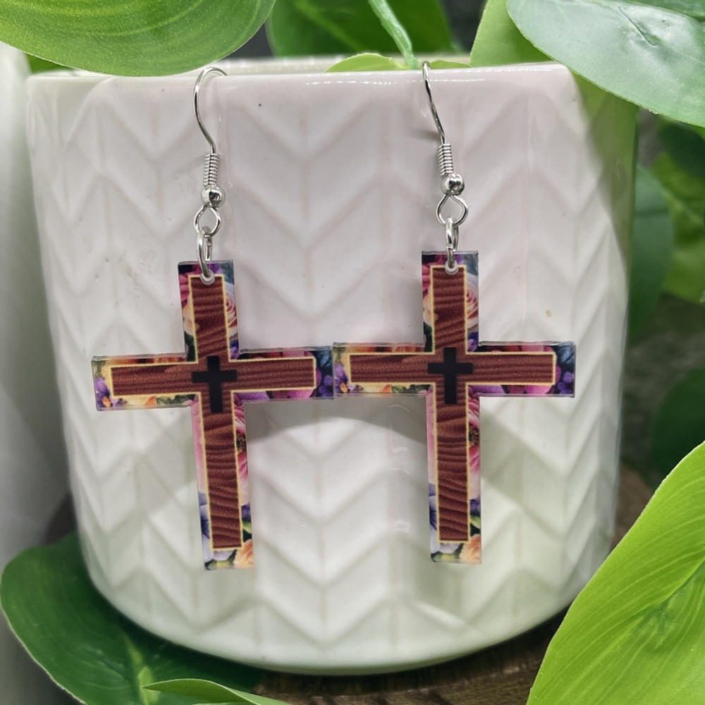 2” Silver-tone Acrylic Boho Cross Drop Dangle Earring Set  New Free Ship B8221