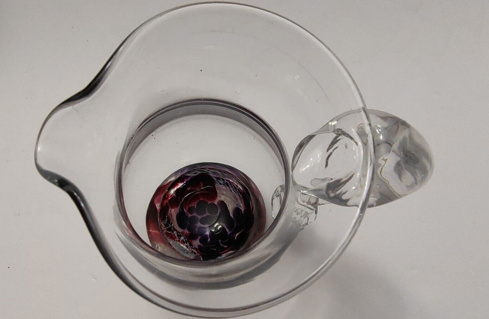 Hand Blown Clear Pitcher with Purple Swirl Base Unknown Maker 7"