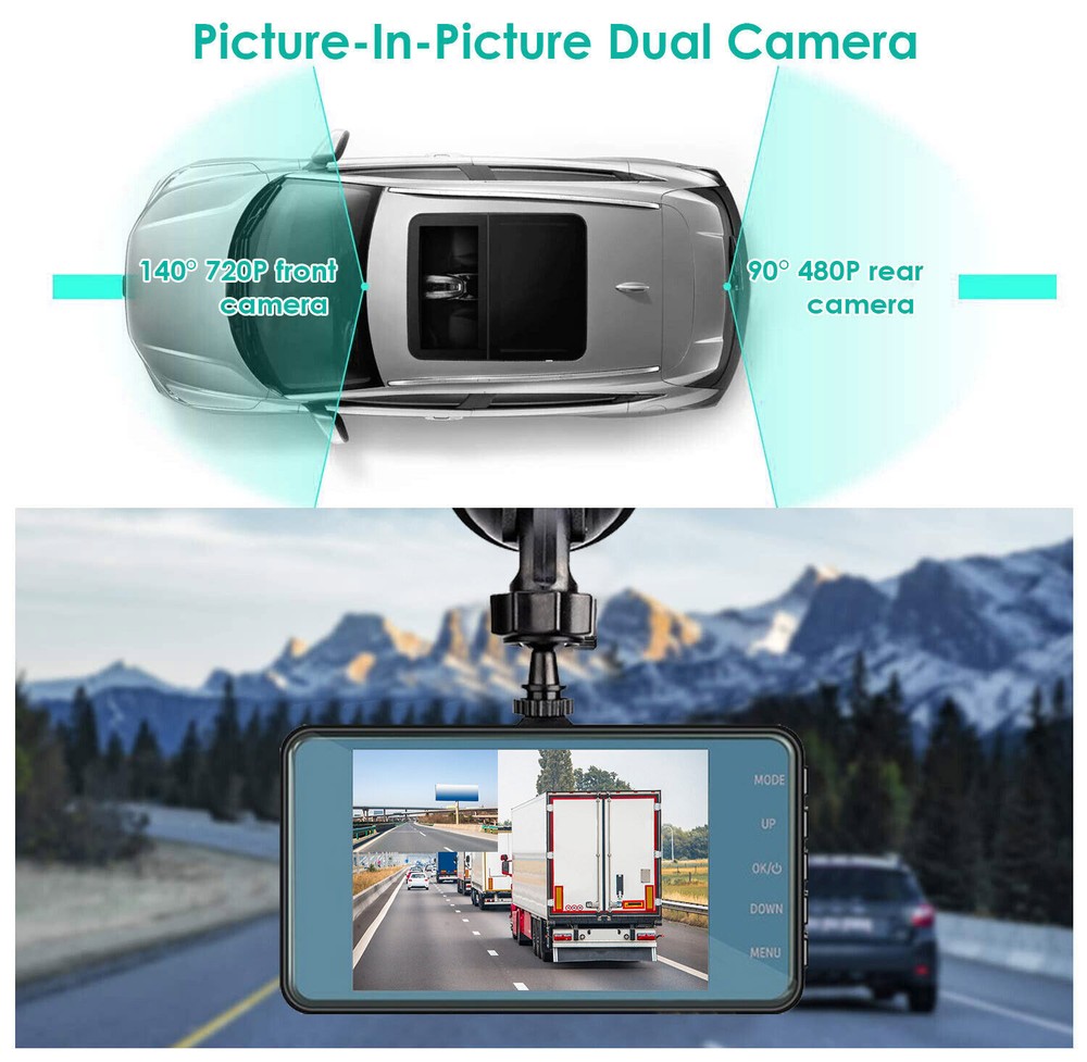 720P Dual Dash Cam Vehicle Recorder W/ Looping Function&Motion Detection Feature