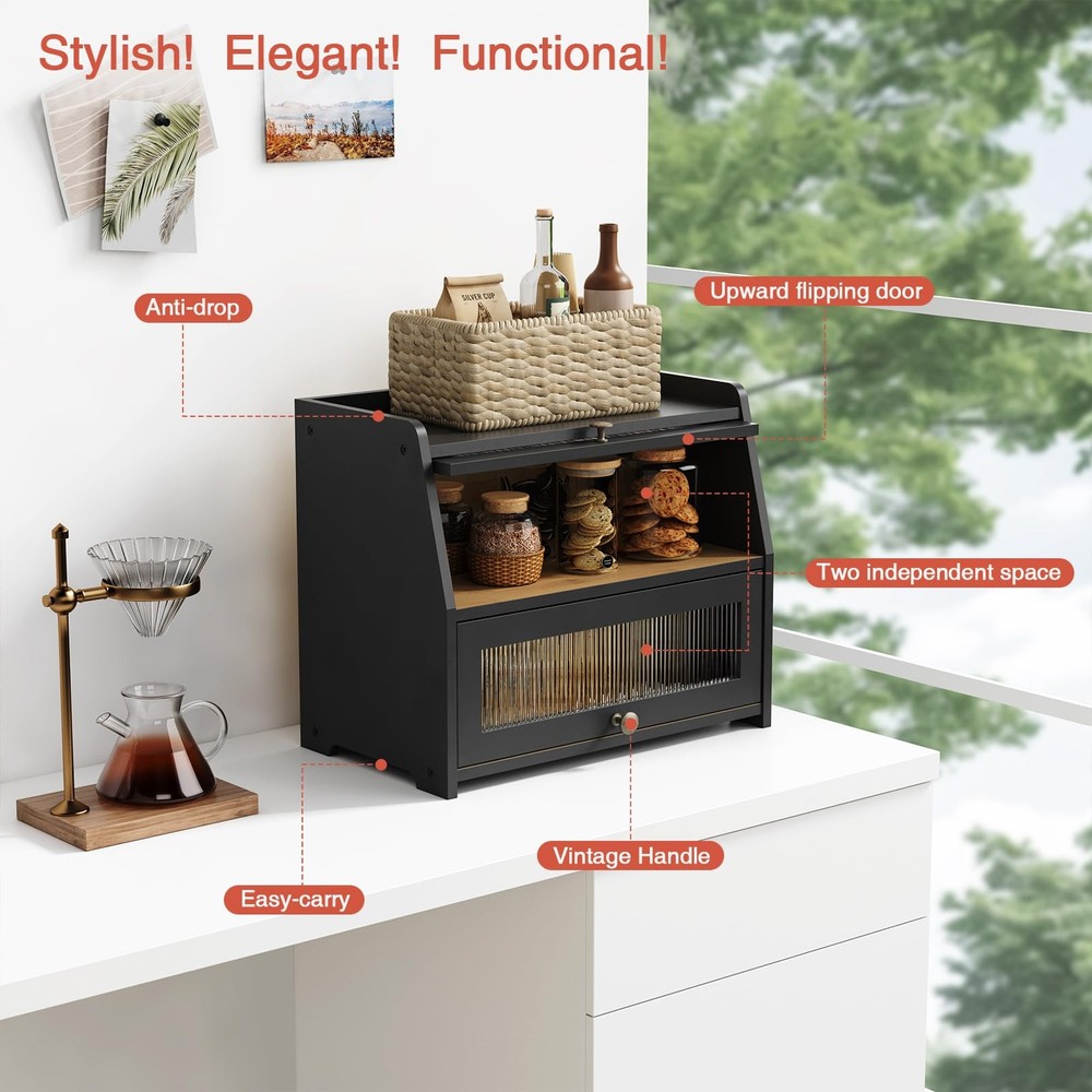 Goozii Large Bread Box for Kitchen Countertop, Black Extra Large,