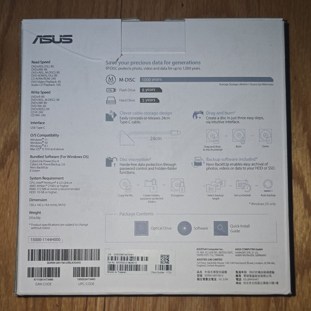 ASUS ZenDrive V1M External DVD Drive Writer USB Type-C 8x Mac PC