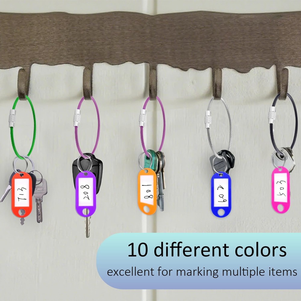 10 Pack Plastic Key Tags with Labels and Split Ring, Black Keychain Cable and...