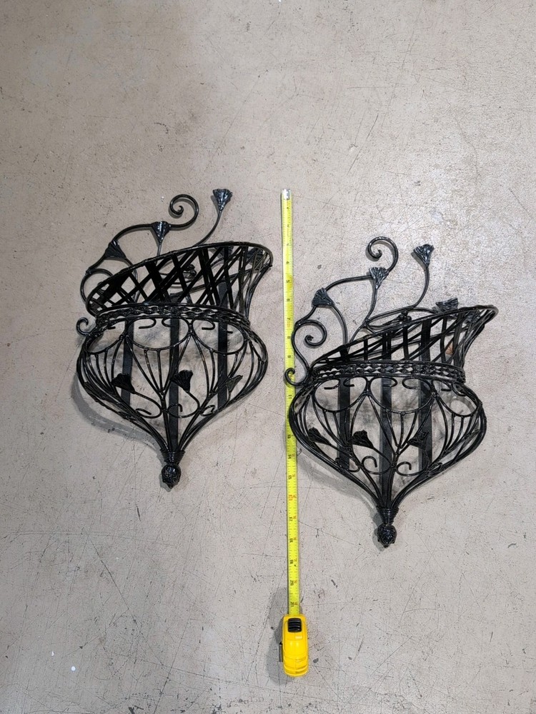 Pair Vintage Scrollwork Wrought Iron Wall Sconces Caged Floral Baskets