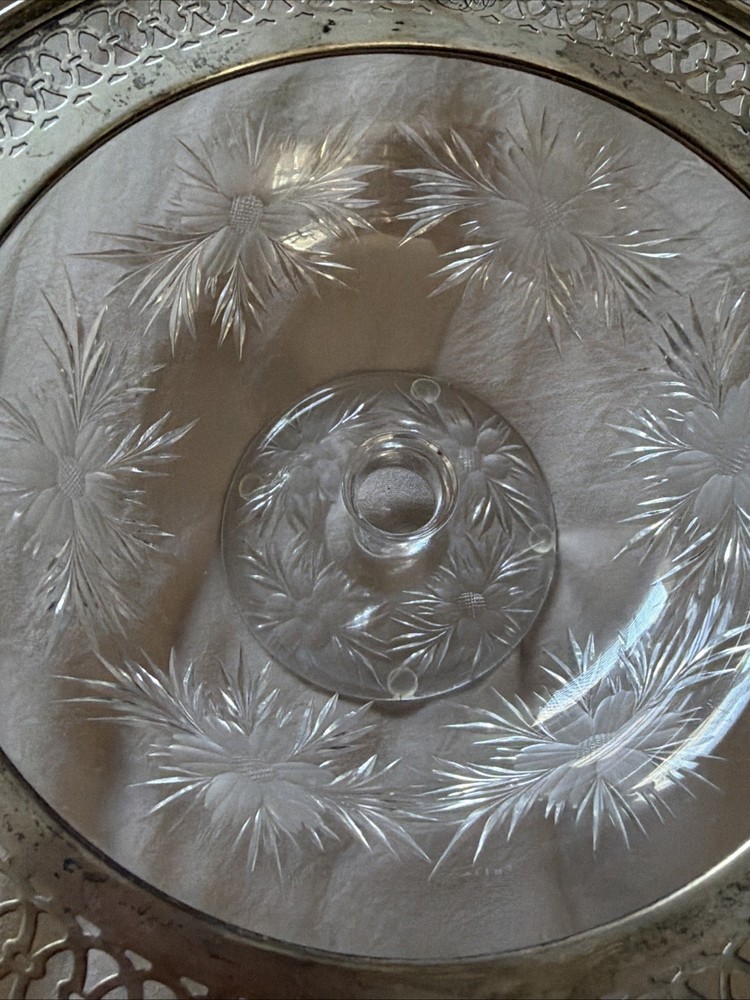 Cut Glass Footed Bowl Openwork Sterling Border 1940 Mono