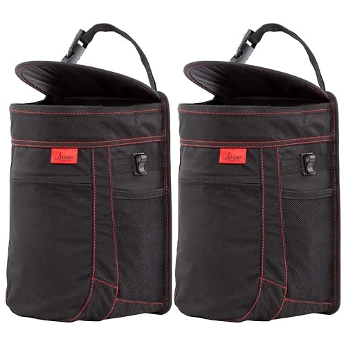 Spill-Proof Car Trash Can (2 Pack) - Easy 2-Pack Black, Red Stitching 2.5 Gal