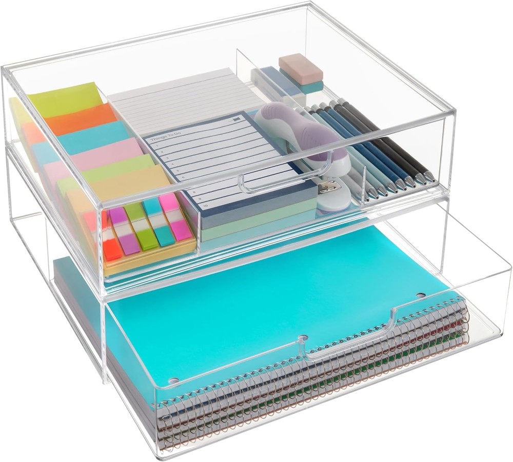Plastic Stackable Organizer Drawers Set of 2 Clear 12.5" Wide Set