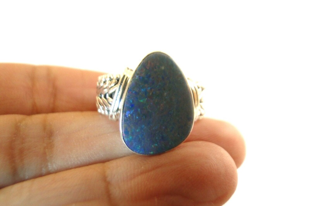 Blue Australian Opal Solitaire 925 Sterling Silver Ring Size 8