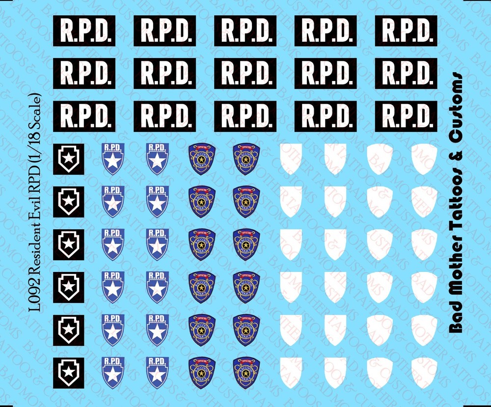 Resident Evil Raccoon Police 1/18 scale Waterslide Decals for action figures