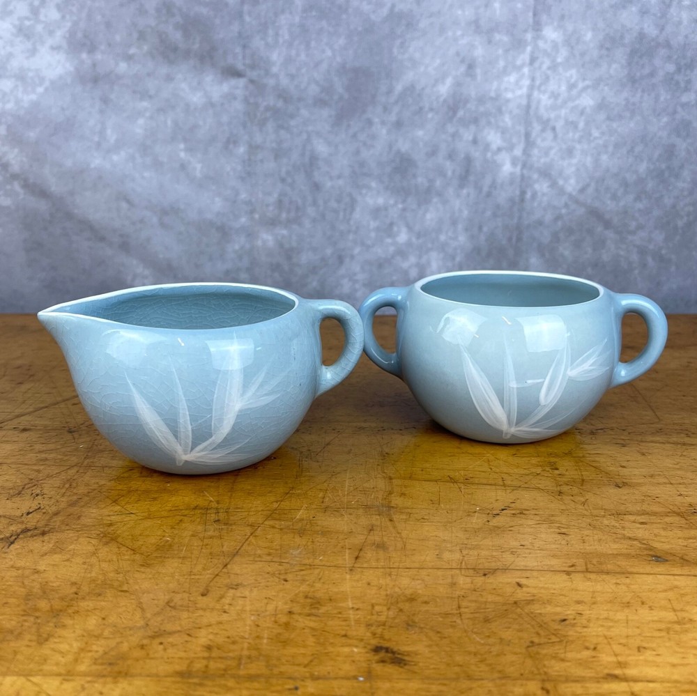 Vintage MCM Winfield Blue Pacific Creamer Open Sugar Bowl Set Bamboo Pattern