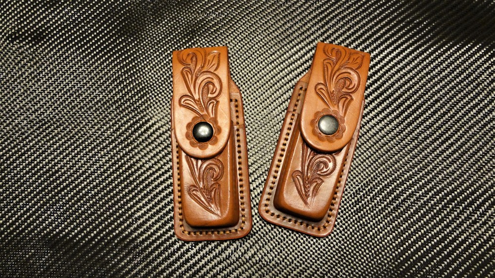HAND TOOLED 2 DOUBLE STACK LEATHER MAG POUCHES