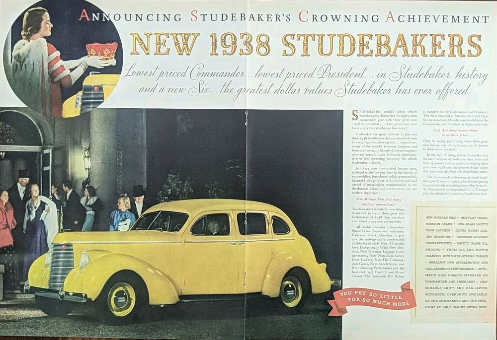 1938 Vintage Yellow Studebaker print ad, Studebaker's Crowning Achievement