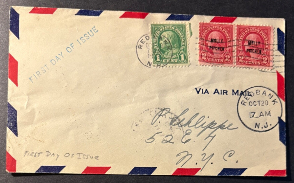 #646 Molly Pitcher FDC without cachet and back cancel, Red Bank cancel