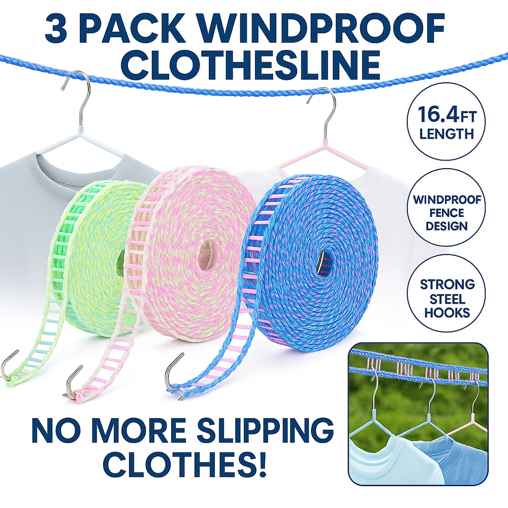 3 Pack Windproof Clothesline & Hooks 16.4Ft Strong Portable Laundry Drying Rope