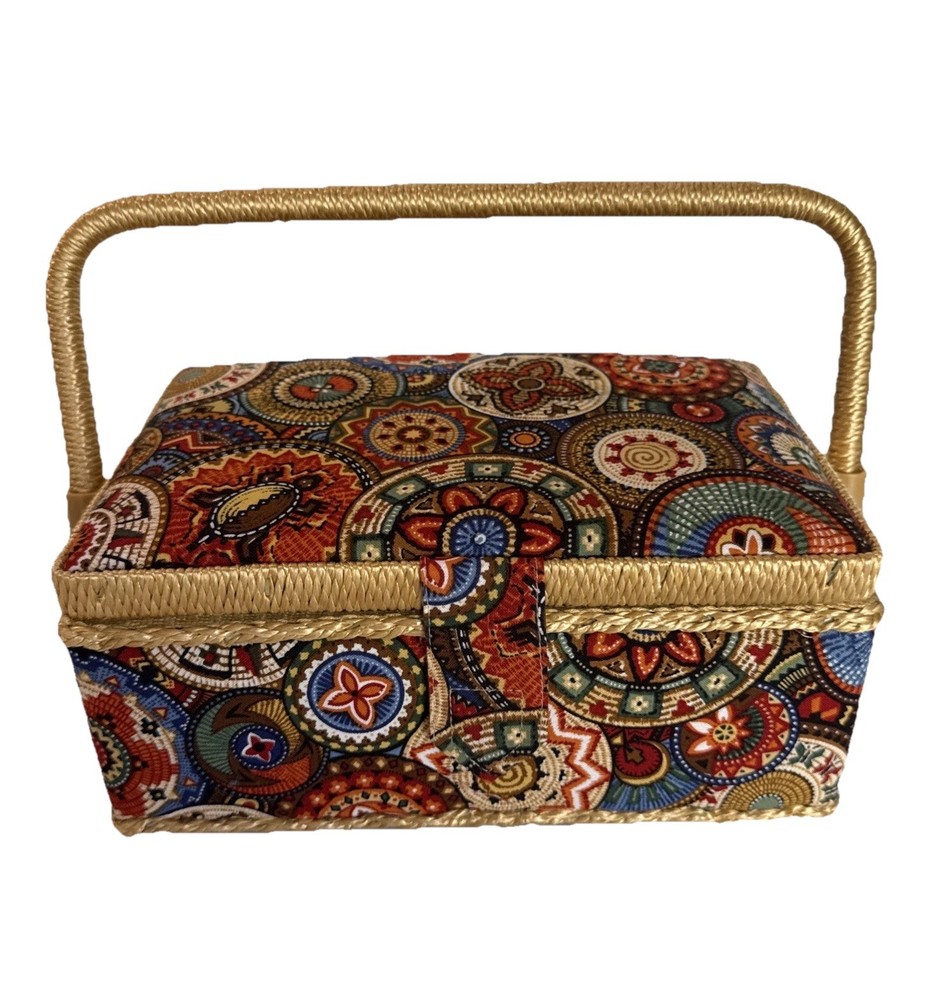 Sewing Basket  Fabric Covered Rectangular  Straps Handle Plastic Insert