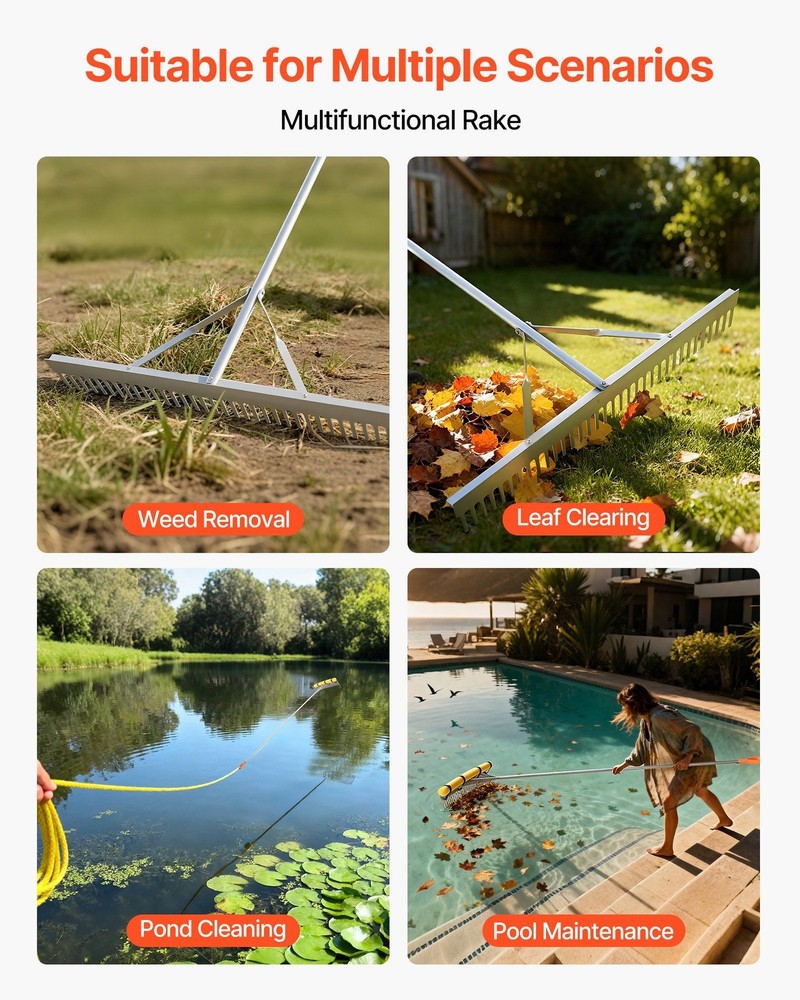 telescoping 102in aluminum rake 36in collection width secure fastener