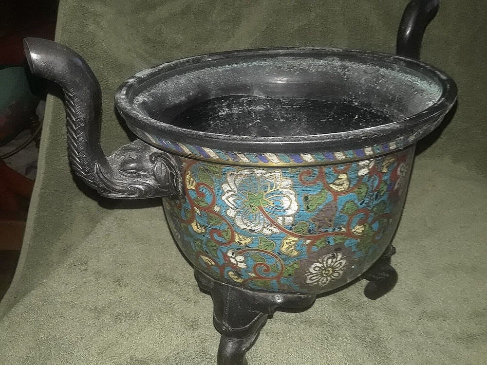 OLD CHINESE CLOISONNE 16" COVERED INCENSE/CENSOR◇7 FIGURAL ELEPHANTS◇MARKED◇A+