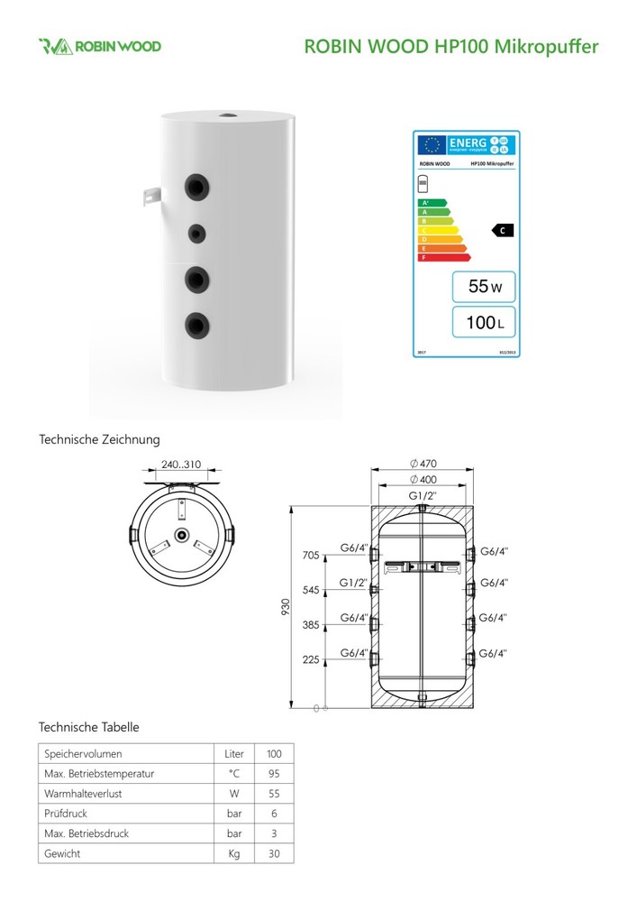 Buffer storage for heat pumps 100 liters wall-mounted heat pump storage