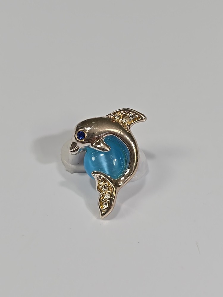 Dolphin Jumping Lapel Pin Blue Stone Silver Color Metal