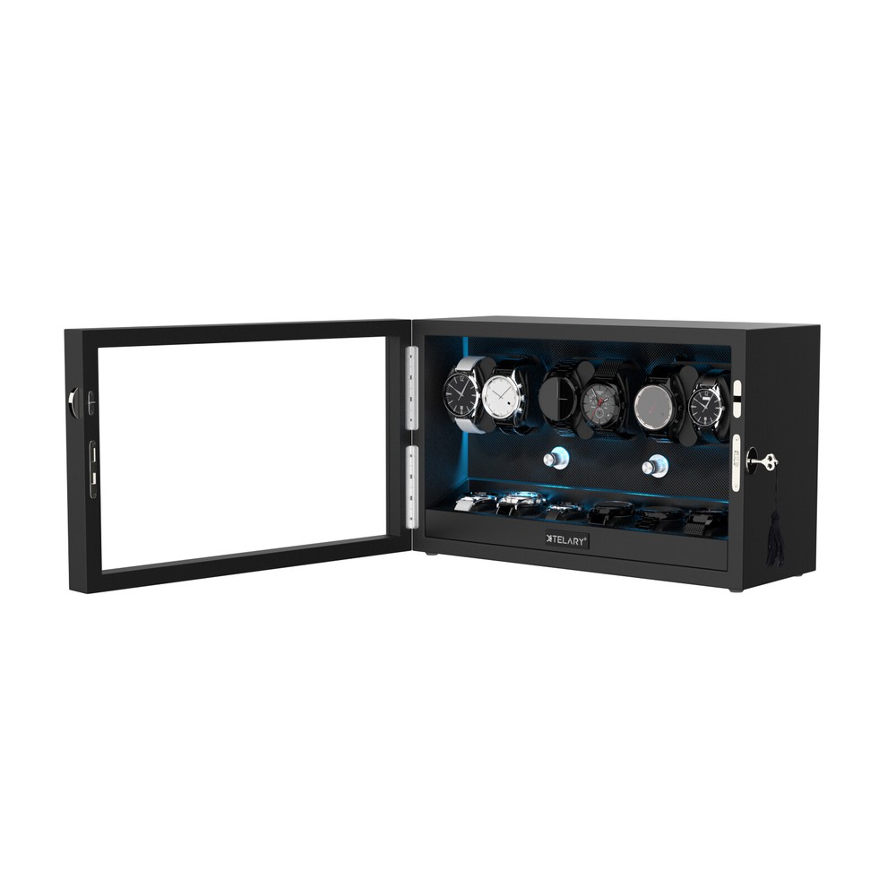 Automatic Rotation 6 Watch Winder Box With 6 Extra Storage Box Blue LED Light