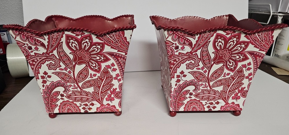 Two Red & White Candy Cane Decoupage Tin Planters 8" x 8.5"