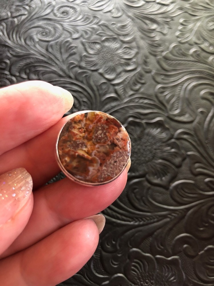 Red Agate Round Ring Shadow Bezel Size 6.5 Artisan Handmade