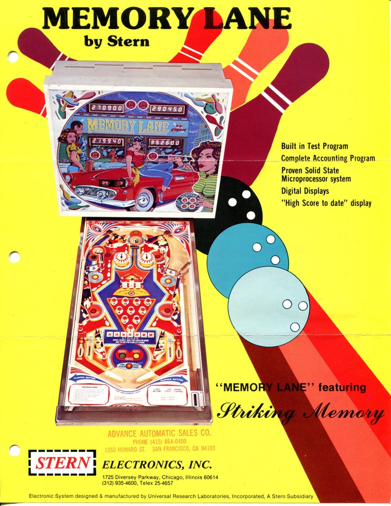 Memory Lane Stern Pinball Flyer / Brochure / Ad