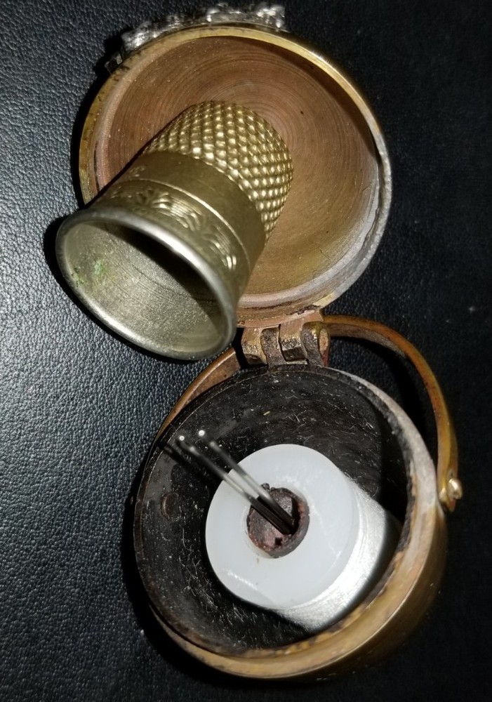 Antique Victorian Brass Egg Chataleine Thimble Needle Thread