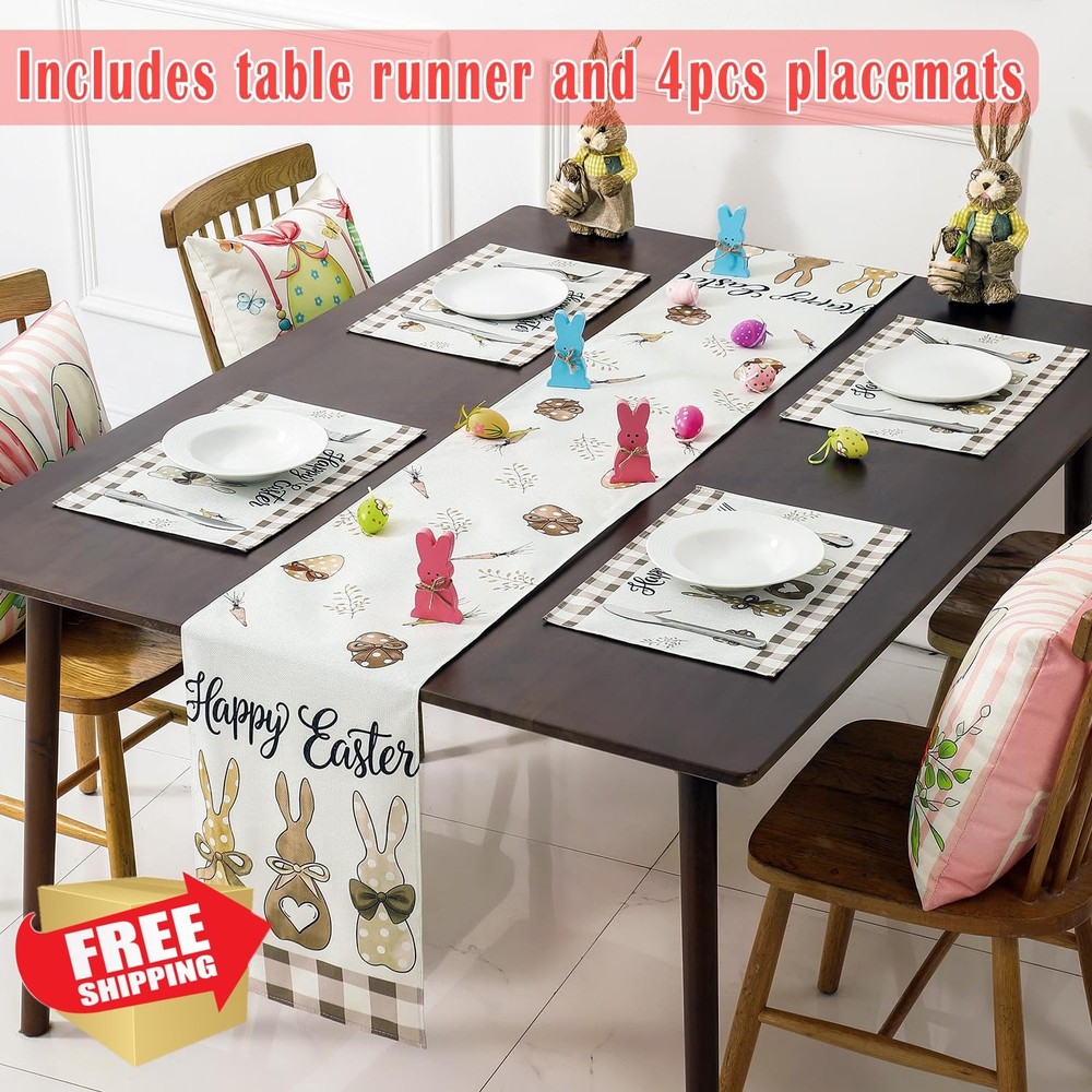 Easter Table Runner Set, 4 Mats, 4 Bags, Bunny Carrots