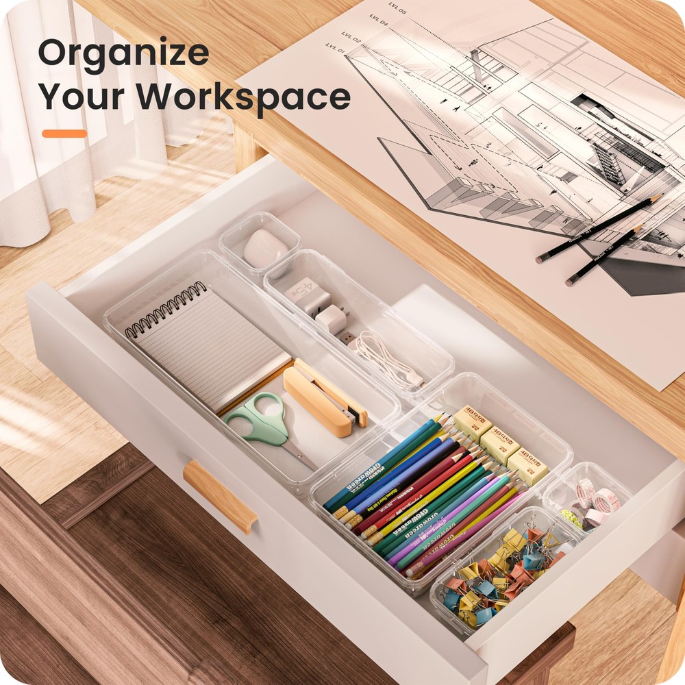 46PCS Clear Drawer Organizer - Makeup, Bathroom, Vanity & Kitchen Storage