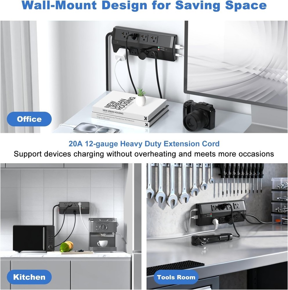 Wall Mount Surge Protector with 8 Outlets, 4 USB - Reliable & Ergonomic Design