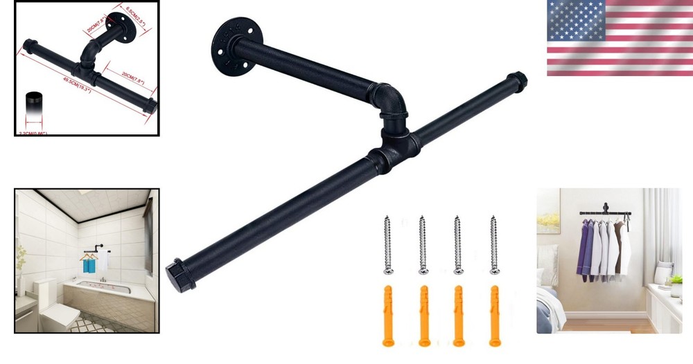 Multi-Purpose Black Iron Industrial Clothes Hanger - 36 Inch Storage Solution