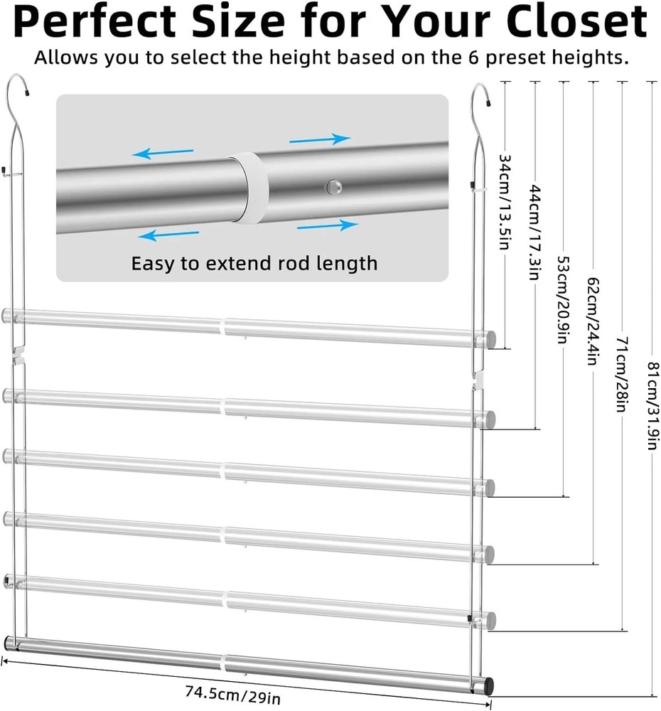Closet Hanging Rod, Width and Height Adjustable 17-29"(Single), Silver