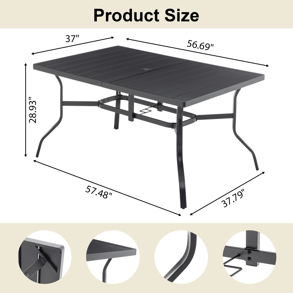 Rectangular Metal Patio Dining Table with Umbrella Hole Anti Slip Pads