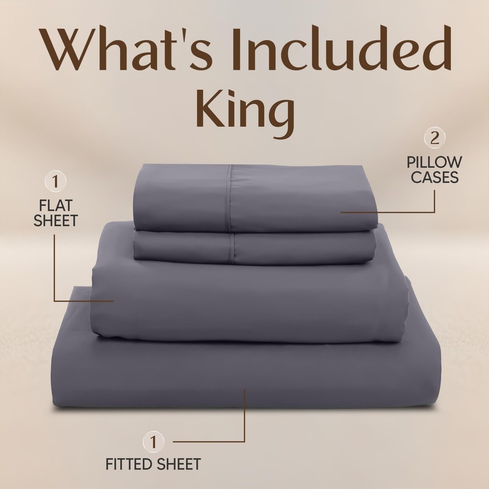 King Size Sheet Set – 4 Piece Bed Sheets, Soft and Breathable Microfiber, Inc...