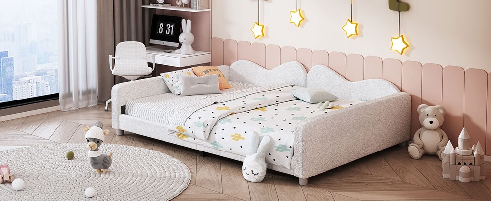 Full Size Upholstered Daybed Sherpa Fabric Sofabed Cloud-Shaped Backrest White