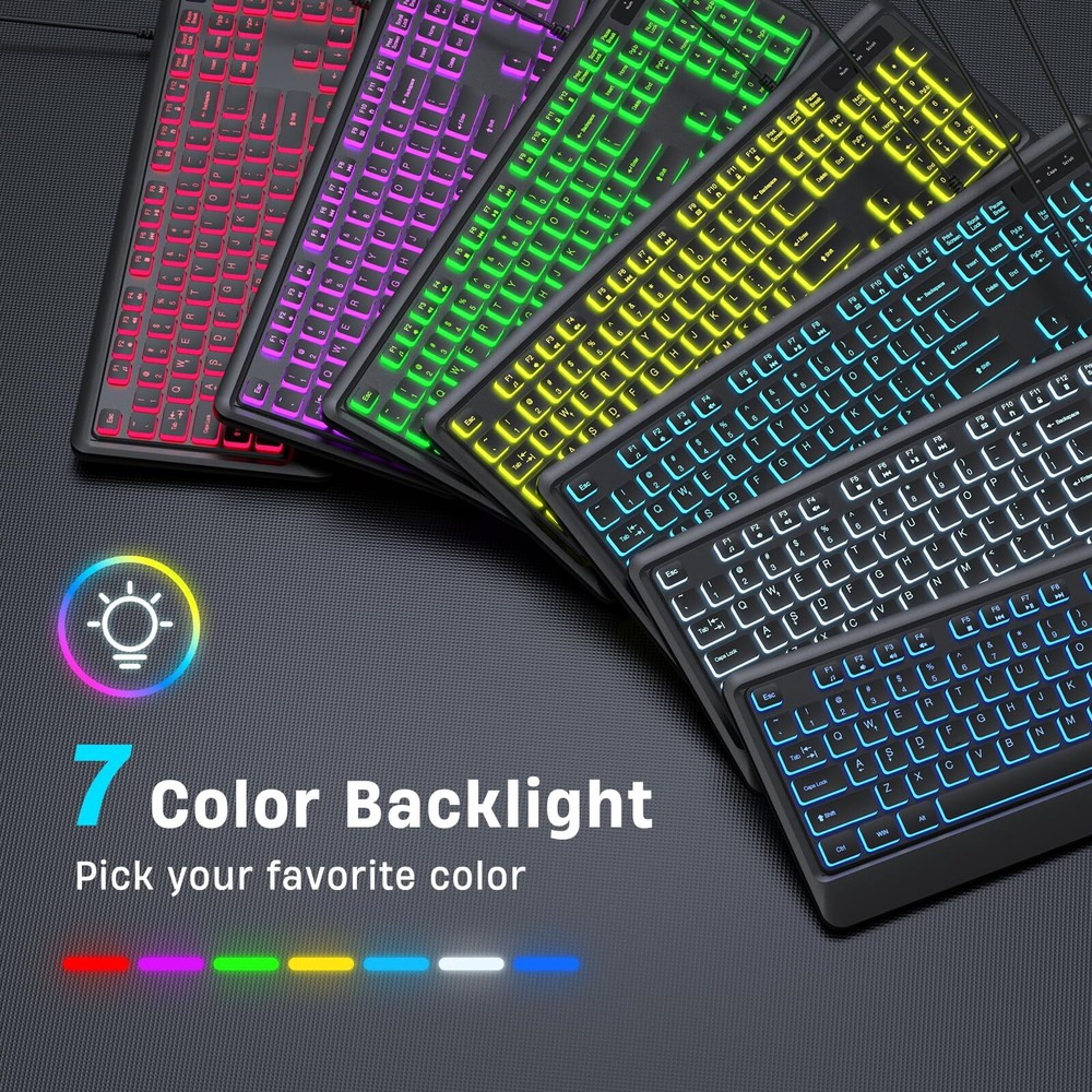 Backlit Computer Keyboard Wired USB LED 7 Colors Waterproof Full Size Gaming