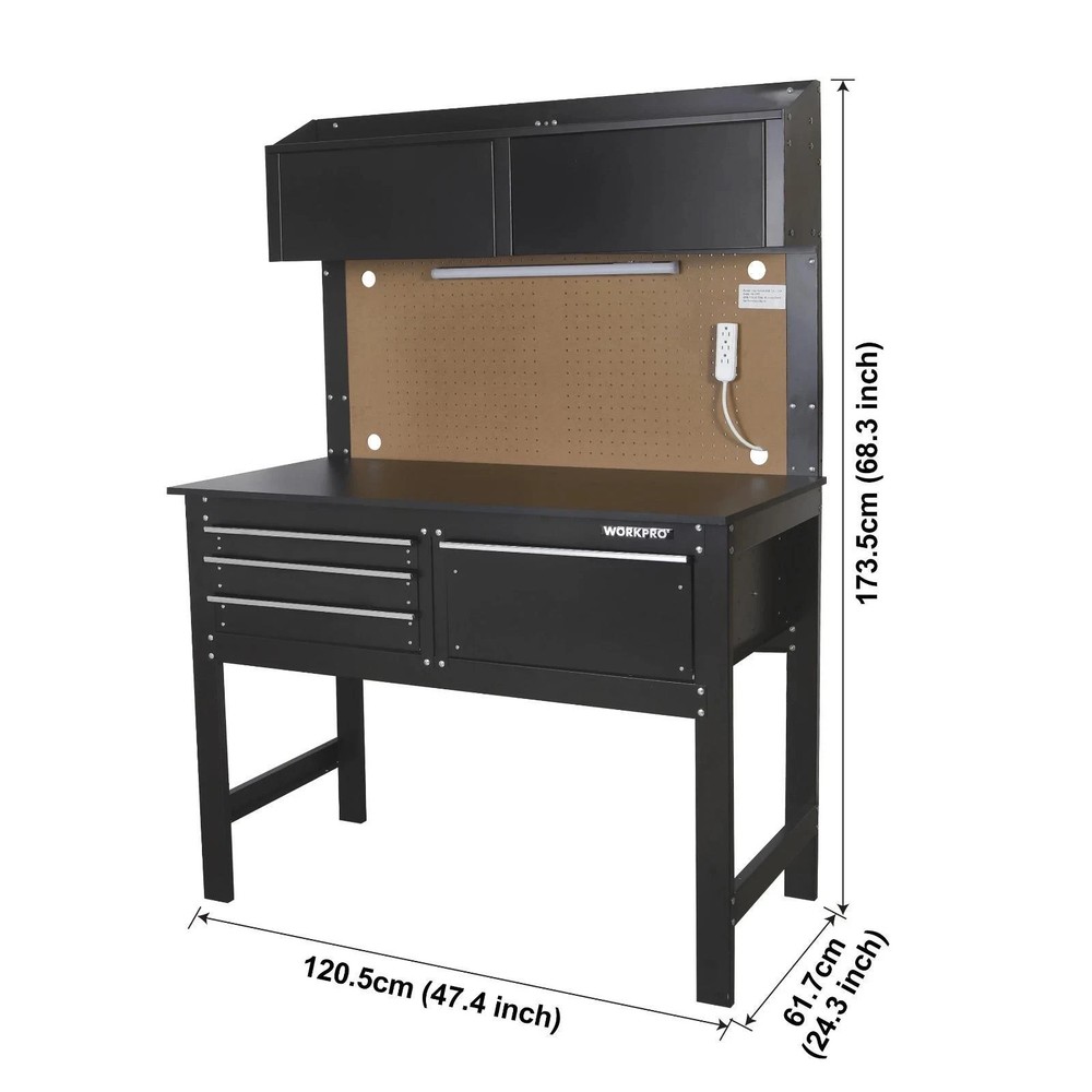 WORKPRO 2-In-1 Steel Garage Combo Workbench Workshop Tool Storage Cabinet Light