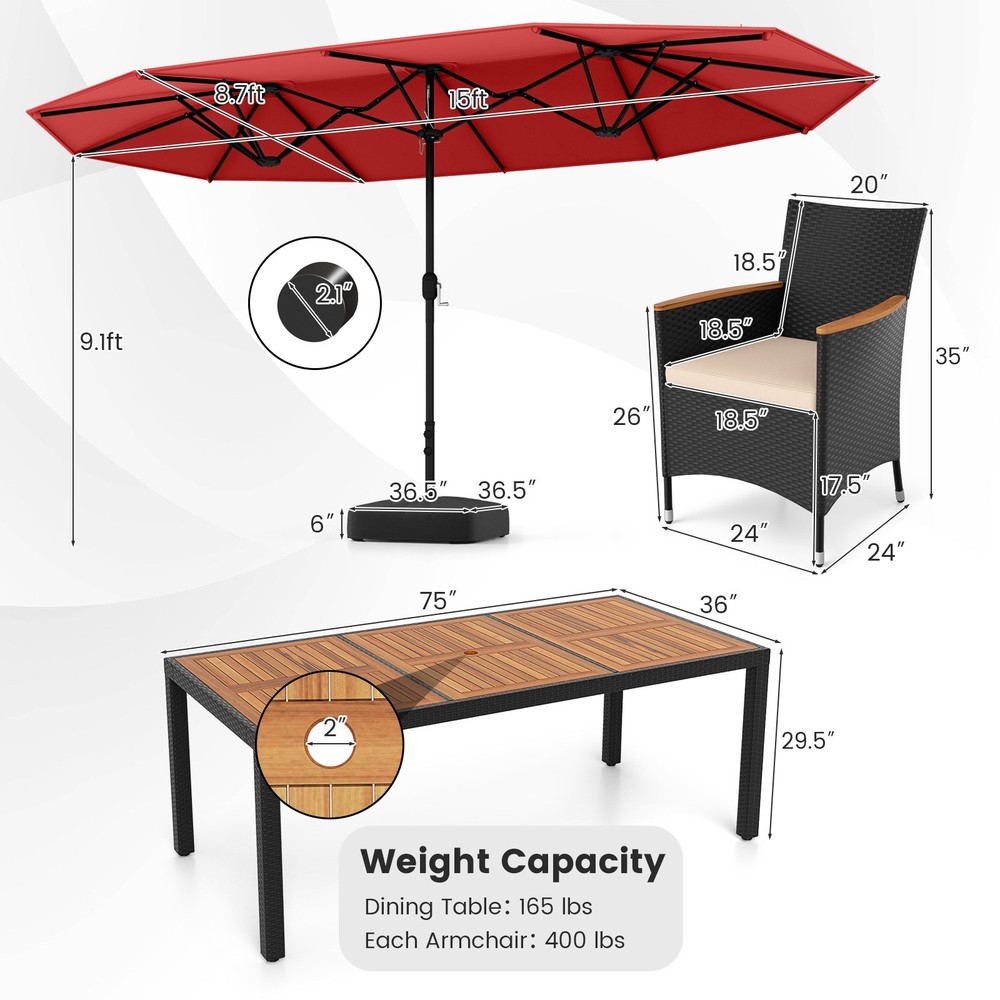 11 PCS Patio Wicker Dining Set w/Double-Sided Outdoor Umbrella 8 Stackable