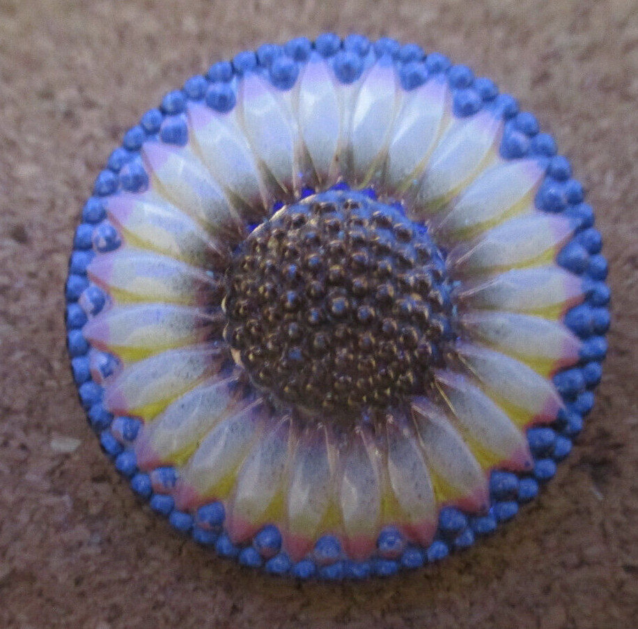 1-Czech Glass Multicolored Sun Flower-UV Reactive Reverse Painted Button #35