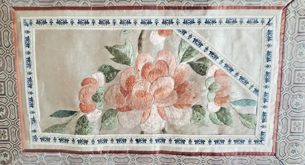 Chinese Silk Peony Hand Embroidered Framed Panel Square wShadow Box Effect 21x17